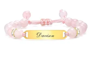Personalized Name ID Bracelets for Baby Girls, Anti Allergy Gold Plated Stainless Steel Child Engrave Name Birthdate Bracelet, Custom Baptism Gift for Newborns Babies,Pink Beads Girls Boys Bracelet
