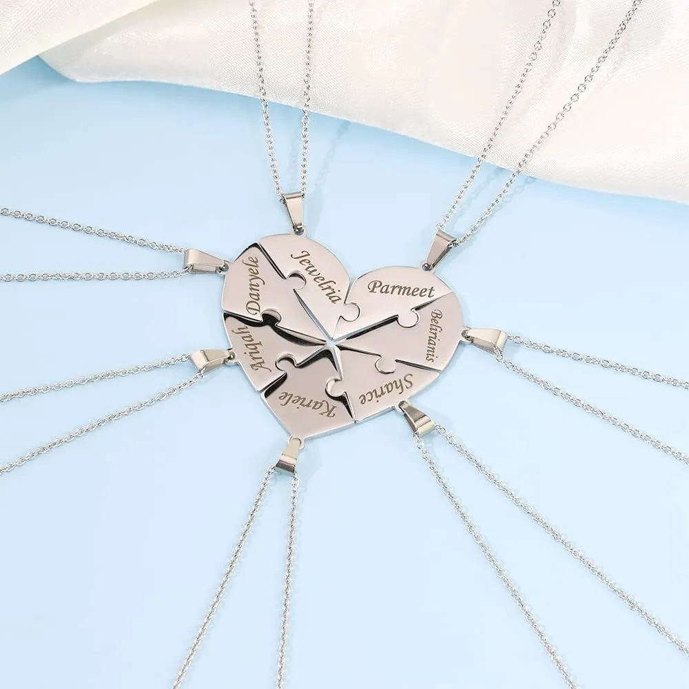 Personalized Sterling Silver Necklace 2/3/4/5/6/7/8 Pcs BFF Puzzle Name Heart Pendants Family Love Jewelry Free Engrave Friendship Forever Necklaces Set with Delicate Packaging