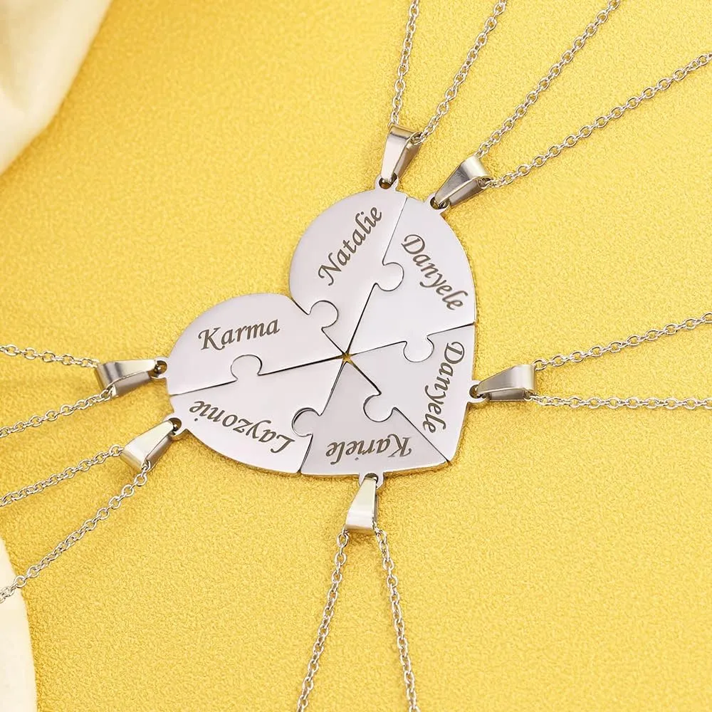 Personalized Sterling Silver Necklace 2/3/4/5/6/7/8 Pcs BFF Puzzle Name Heart Pendants Family Love Jewelry Free Engrave Friendship Forever Necklaces Set with Delicate Packaging