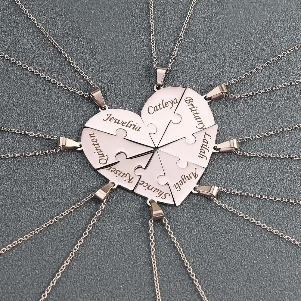 Personalized Sterling Silver Necklace 2/3/4/5/6/7/8 Pcs BFF Puzzle Name Heart Pendants Family Love Jewelry Free Engrave Friendship Forever Necklaces Set with Delicate Packaging