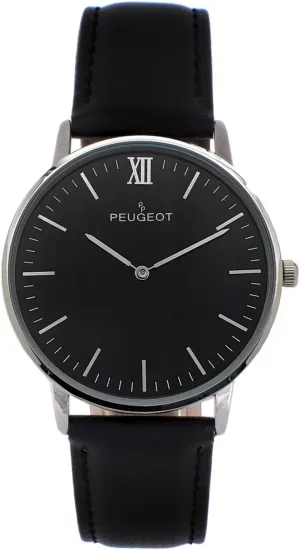 Peugeot Men's 40mm Ultra Slim Watch, Silver with Black Face Round Minimalist Wrist Watch for Men, Easy to Read Dial and Genuine Leather Band