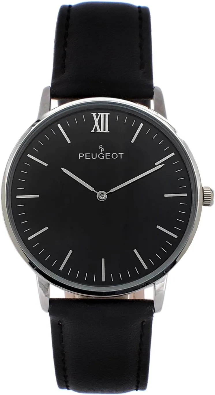 Peugeot Men's 40mm Ultra Slim Watch, Silver with Black Face Round Minimalist Wrist Watch for Men, Easy to Read Dial and Genuine Leather Band