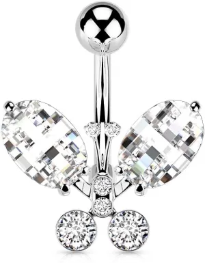 Pierced Owl 14GA Clear Faceted Elegant Crystal Butterfly 316L Surgical Stainless Steel Belly Button Ring (Clear)