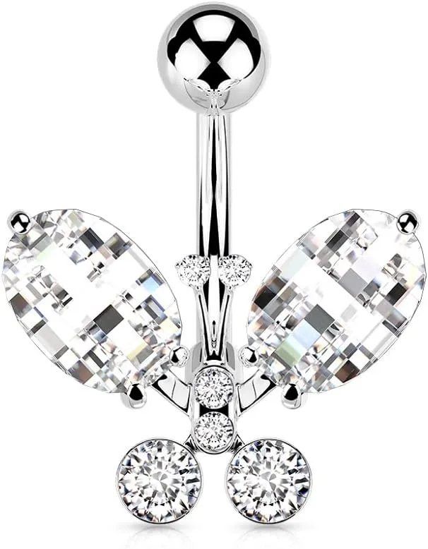 Pierced Owl 14GA Clear Faceted Elegant Crystal Butterfly 316L Surgical Stainless Steel Belly Button Ring (Clear)