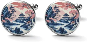 Pink Blue Chinoiserie Pagoda Cufflinks Oriental Chinese Cuff Links Mens Chinese Style Asian Oriental Mens Cufflinks Elegant Shirt Cuff Links Set For Men Wedding Ceremony Party