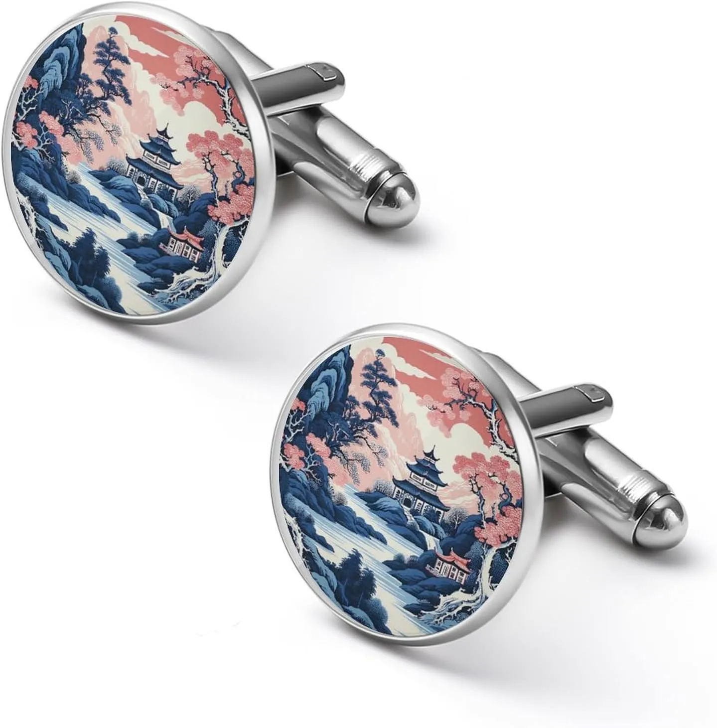 Pink Blue Chinoiserie Pagoda Cufflinks Oriental Chinese Cuff Links Mens Chinese Style Asian Oriental Mens Cufflinks Elegant Shirt Cuff Links Set For Men Wedding Ceremony Party