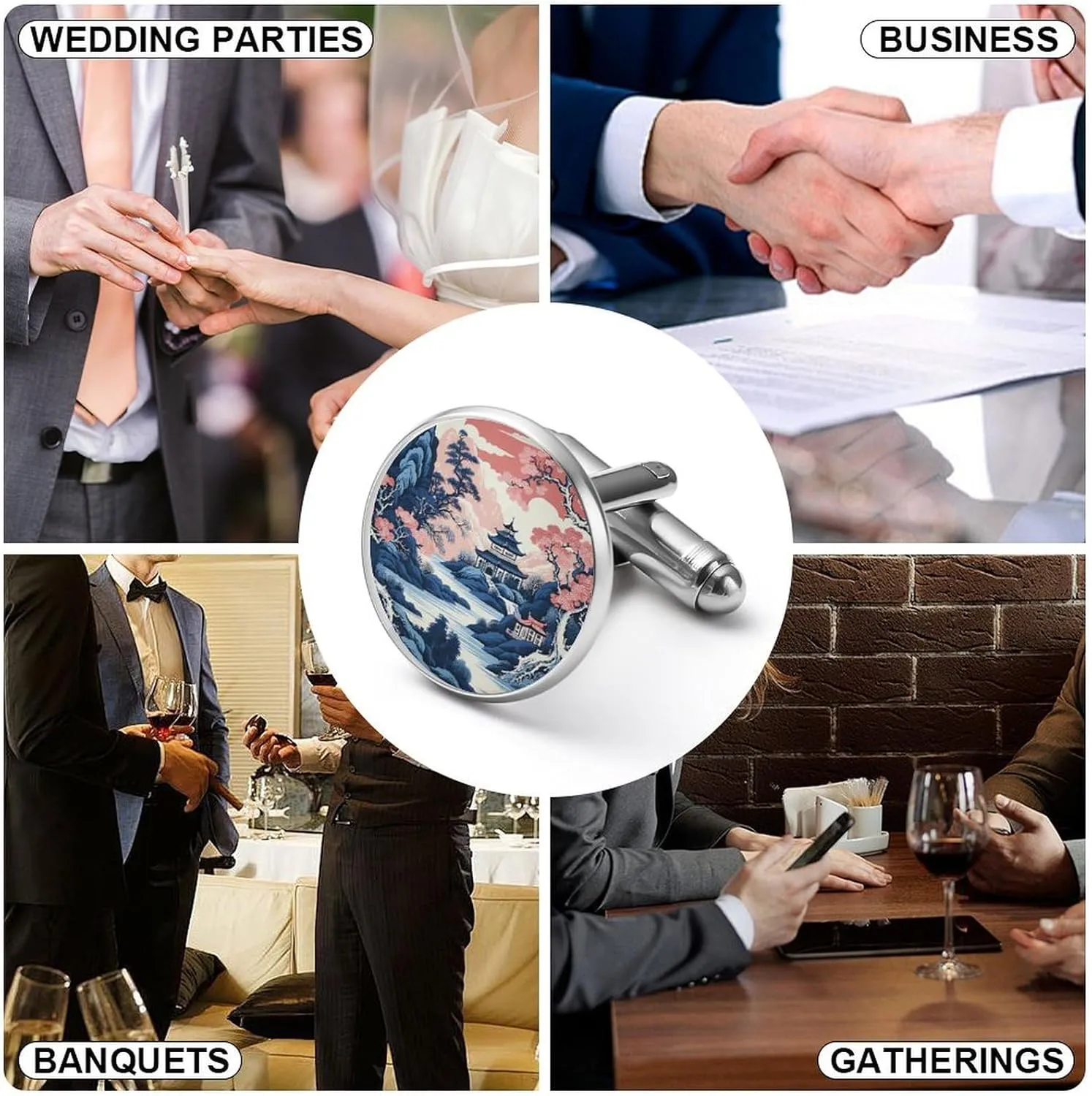 Pink Blue Chinoiserie Pagoda Cufflinks Oriental Chinese Cuff Links Mens Chinese Style Asian Oriental Mens Cufflinks Elegant Shirt Cuff Links Set For Men Wedding Ceremony Party