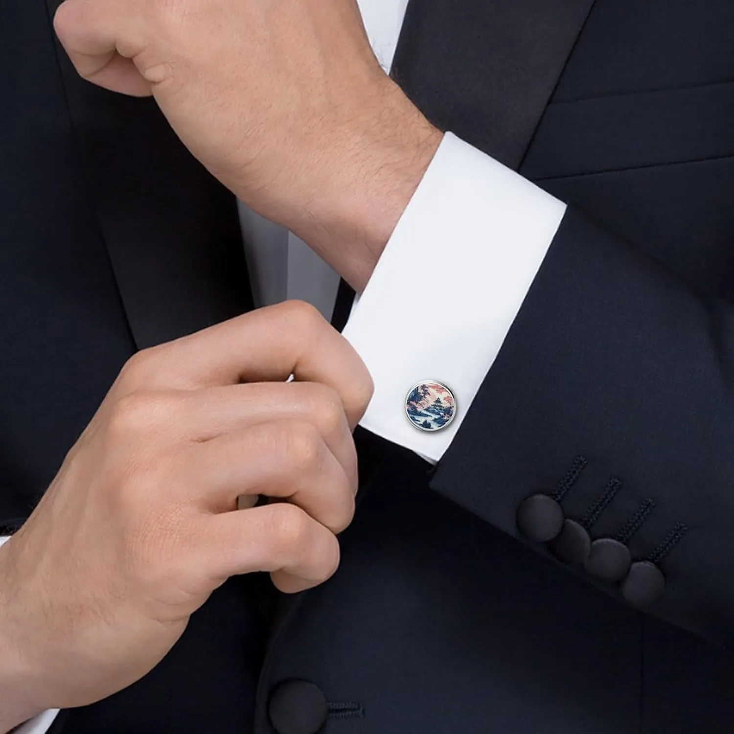Pink Blue Chinoiserie Pagoda Cufflinks Oriental Chinese Cuff Links Mens Chinese Style Asian Oriental Mens Cufflinks Elegant Shirt Cuff Links Set For Men Wedding Ceremony Party