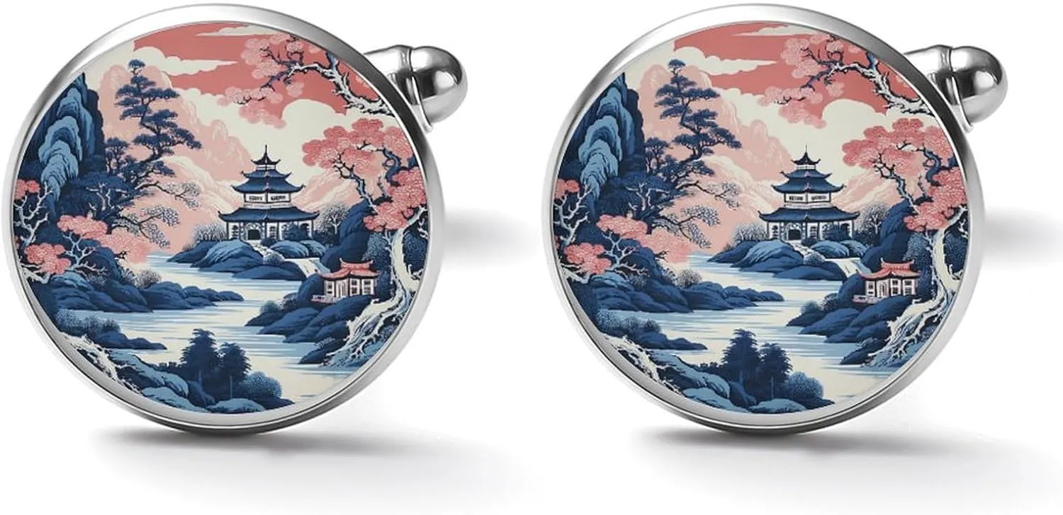 Pink Blue Chinoiserie Pagoda Cufflinks Oriental Chinese Cuff Links Mens Chinese Style Asian Oriental Mens Cufflinks Elegant Shirt Cuff Links Set For Men Wedding Ceremony Party
