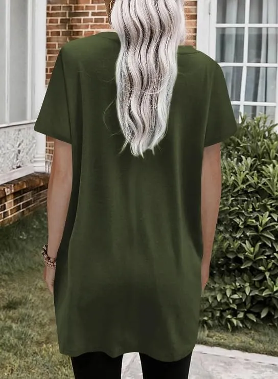 Poetsky Summer Womens Tunic Tops for Leggings with Pockets Short Sleeve Casual Long T Shirts