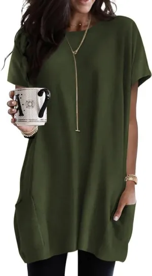 Poetsky Summer Womens Tunic Tops for Leggings with Pockets Short Sleeve Casual Long T Shirts