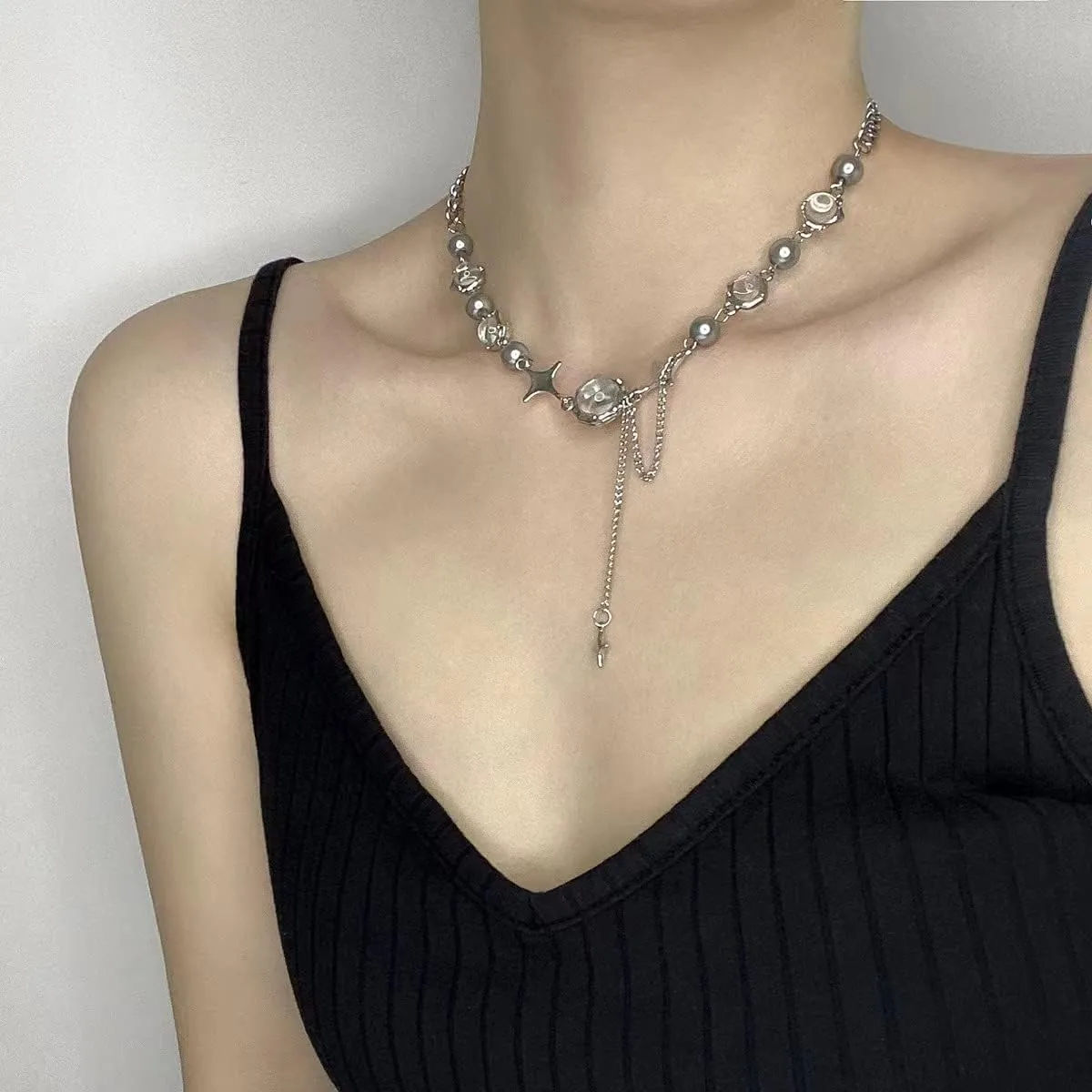 Pooyikoi Punk Star Pendant Baroque Pearl Necklace for Women Asymmetric Black White Beads Necklace Choker Jewelry Gift