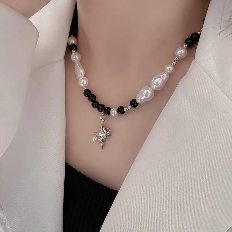 Pooyikoi Punk Star Pendant Baroque Pearl Necklace for Women Asymmetric Black White Beads Necklace Choker Jewelry Gift