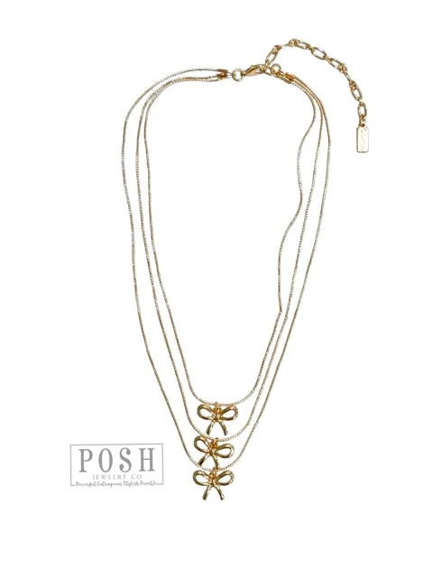 Posh By Pink Panache Gold Three Strand Delicate Chain Necklace With Bow Pendants