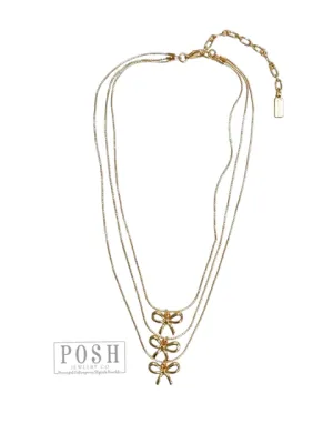 Posh By Pink Panache Gold Three Strand Delicate Chain Necklace With Bow Pendants