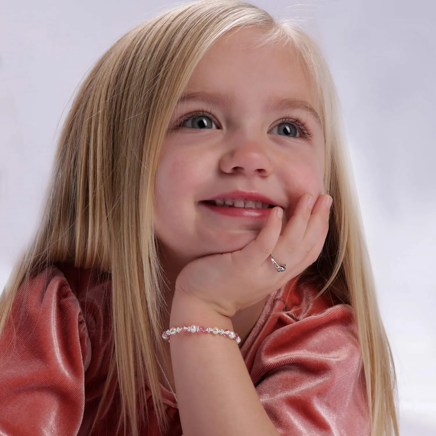 Precious Pieces Children's Sterling Silver Bracelet for Infant Babies and Little Girls with Cultured Pearls and Pink High-End Crystals and Heart