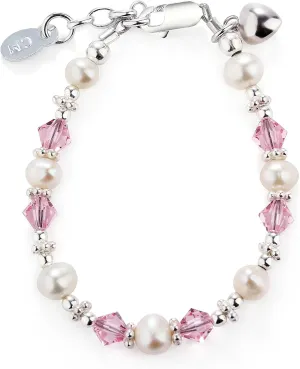 Precious Pieces Children's Sterling Silver Bracelet for Infant Babies and Little Girls with Cultured Pearls and Pink High-End Crystals and Heart