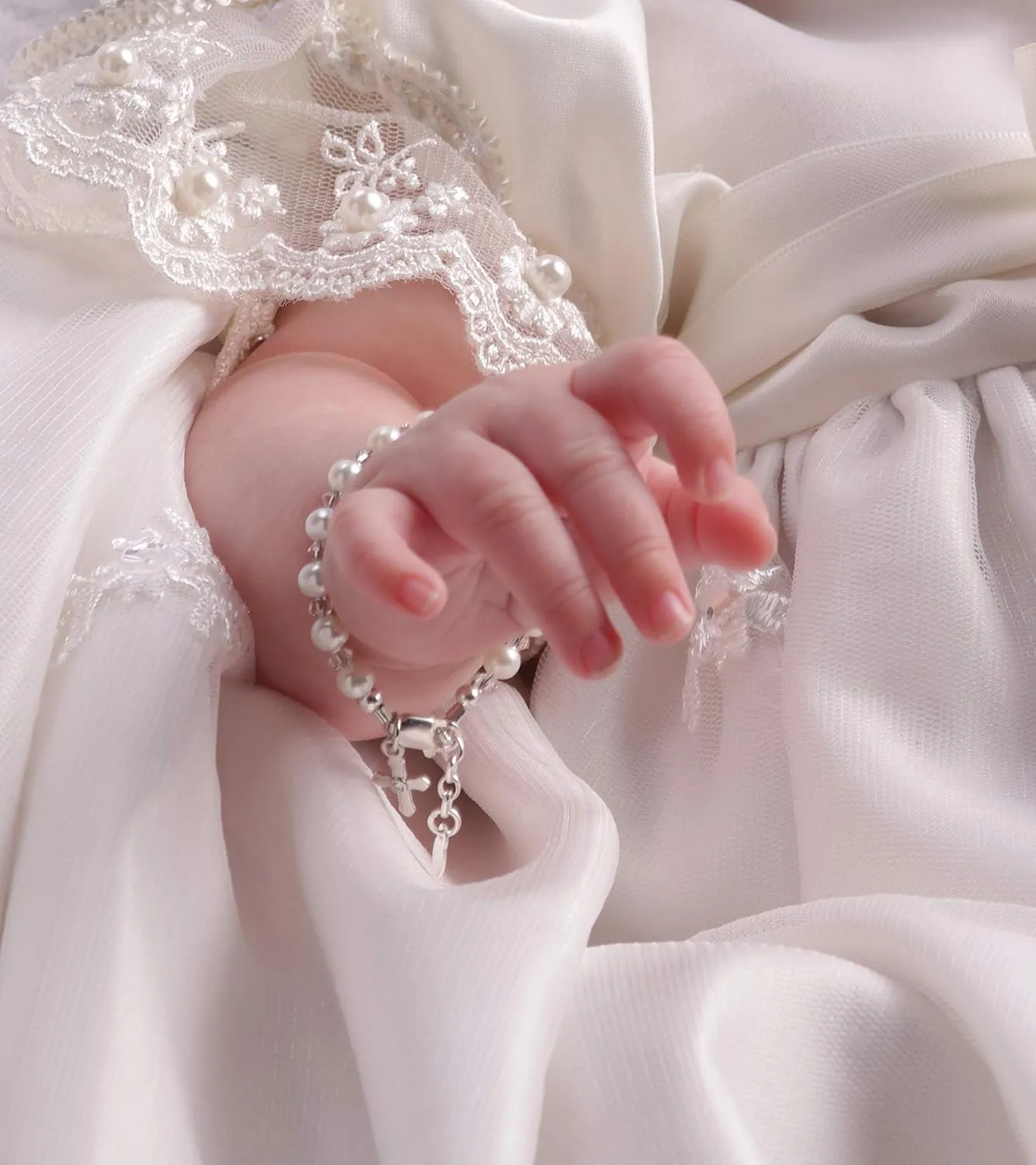 Precious Pieces Children's Sterling Silver Cross Bracelet and/or Necklace with Cultured Pearl and Crystal First Communion, Baptism or Christening Gift