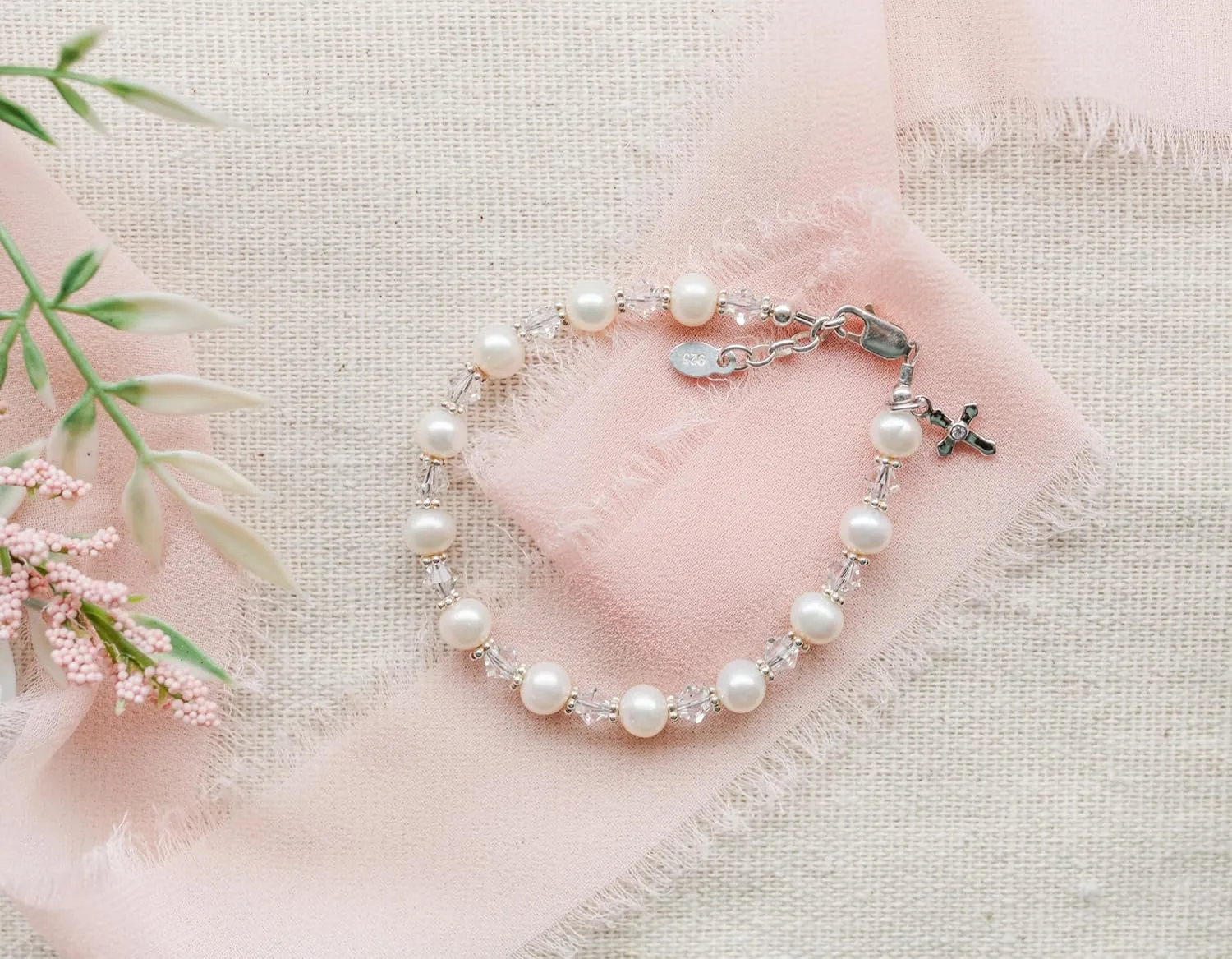 Precious Pieces Children's Sterling Silver Cross Bracelet and/or Necklace with Cultured Pearl and Crystal First Communion, Baptism or Christening Gift
