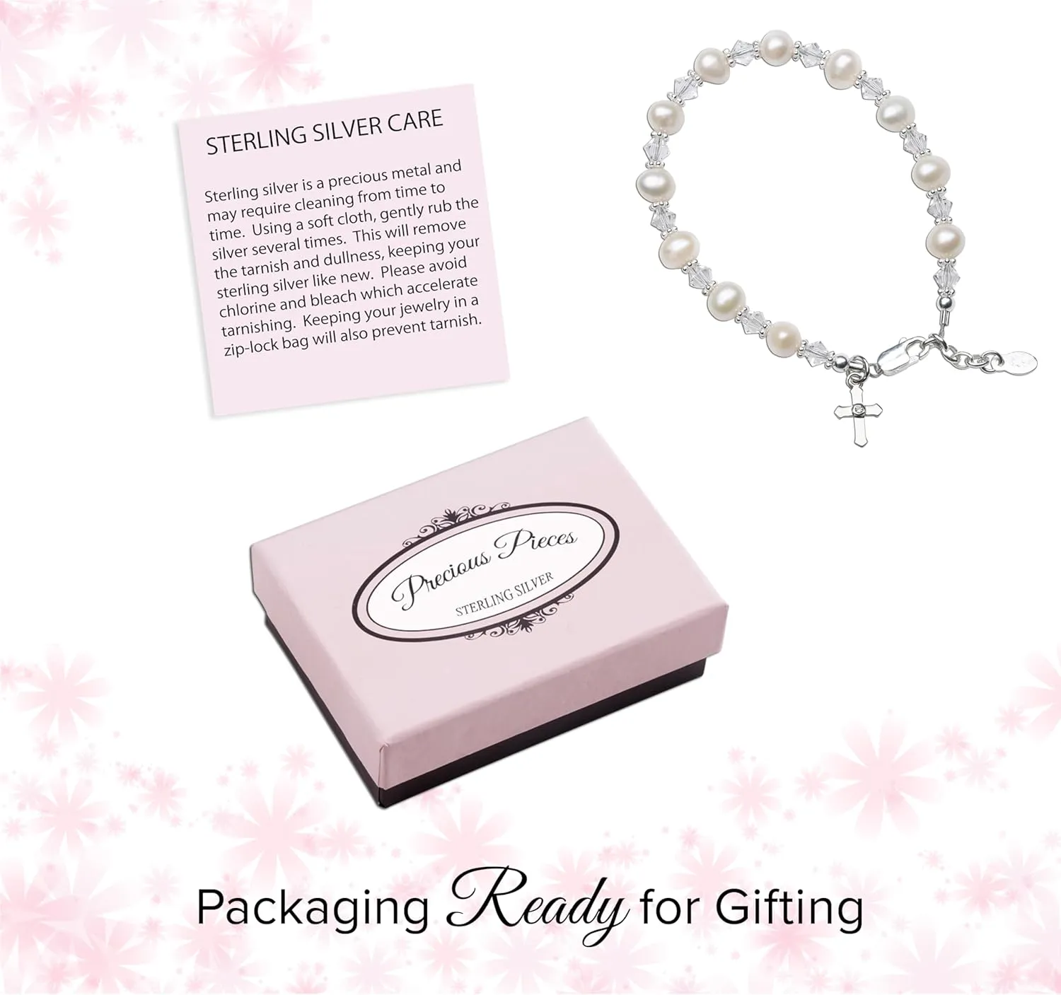 Precious Pieces Children's Sterling Silver Cross Bracelet and/or Necklace with Cultured Pearl and Crystal First Communion, Baptism or Christening Gift