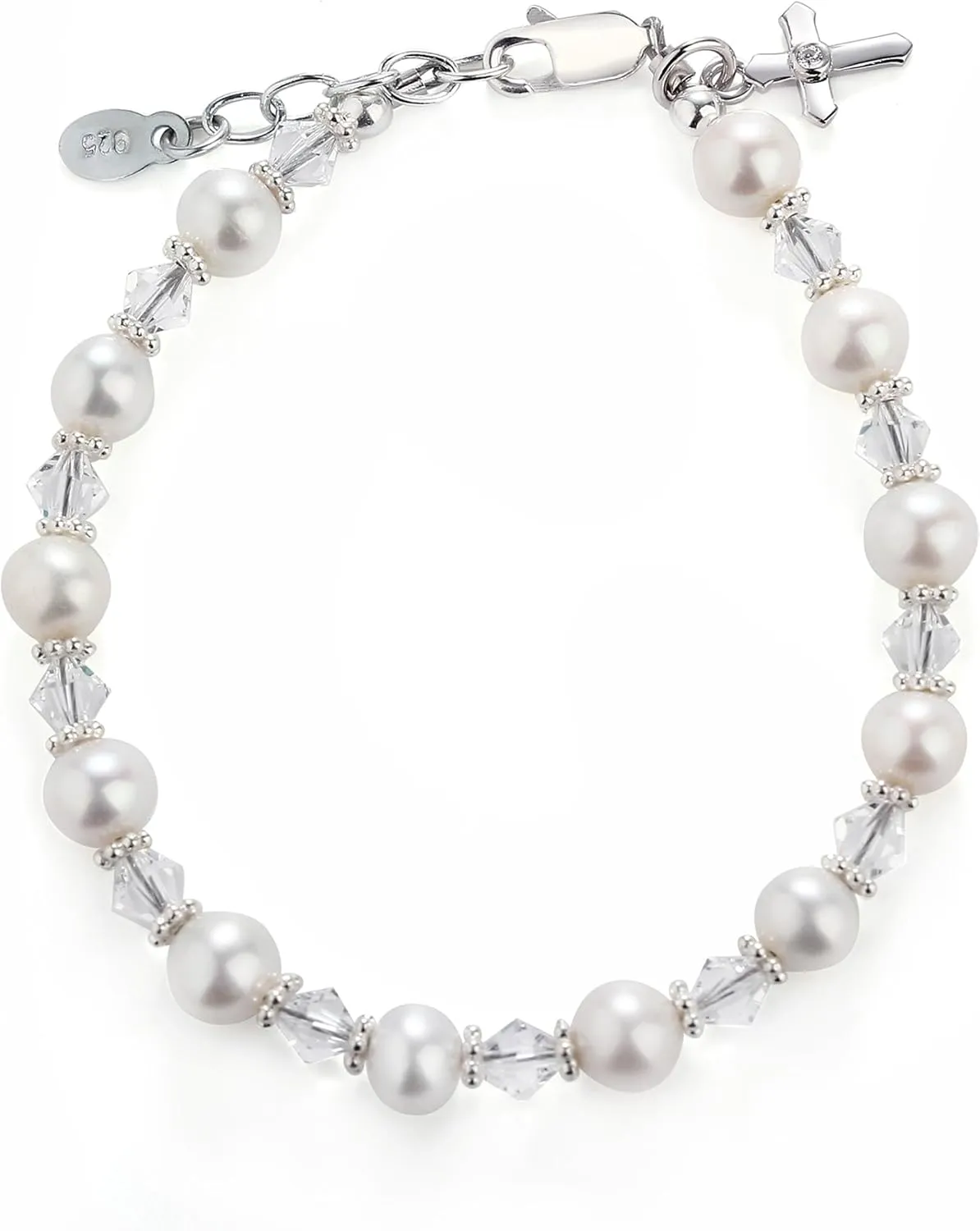 Precious Pieces Children's Sterling Silver Cross Bracelet and/or Necklace with Cultured Pearl and Crystal First Communion, Baptism or Christening Gift