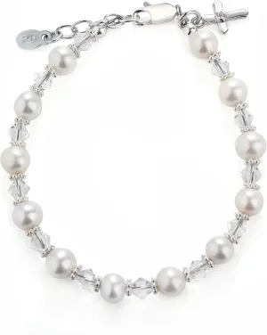 Precious Pieces Children's Sterling Silver Cross Bracelet and/or Necklace with Cultured Pearl and Crystal First Communion, Baptism or Christening Gift