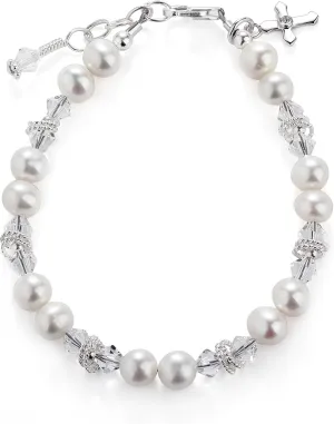 Precious Pieces Children's Sterling Silver First Communion, Baptism Cross Bracelet with Cultured Pearl and Crystal for Babies, Toddlers and Girls