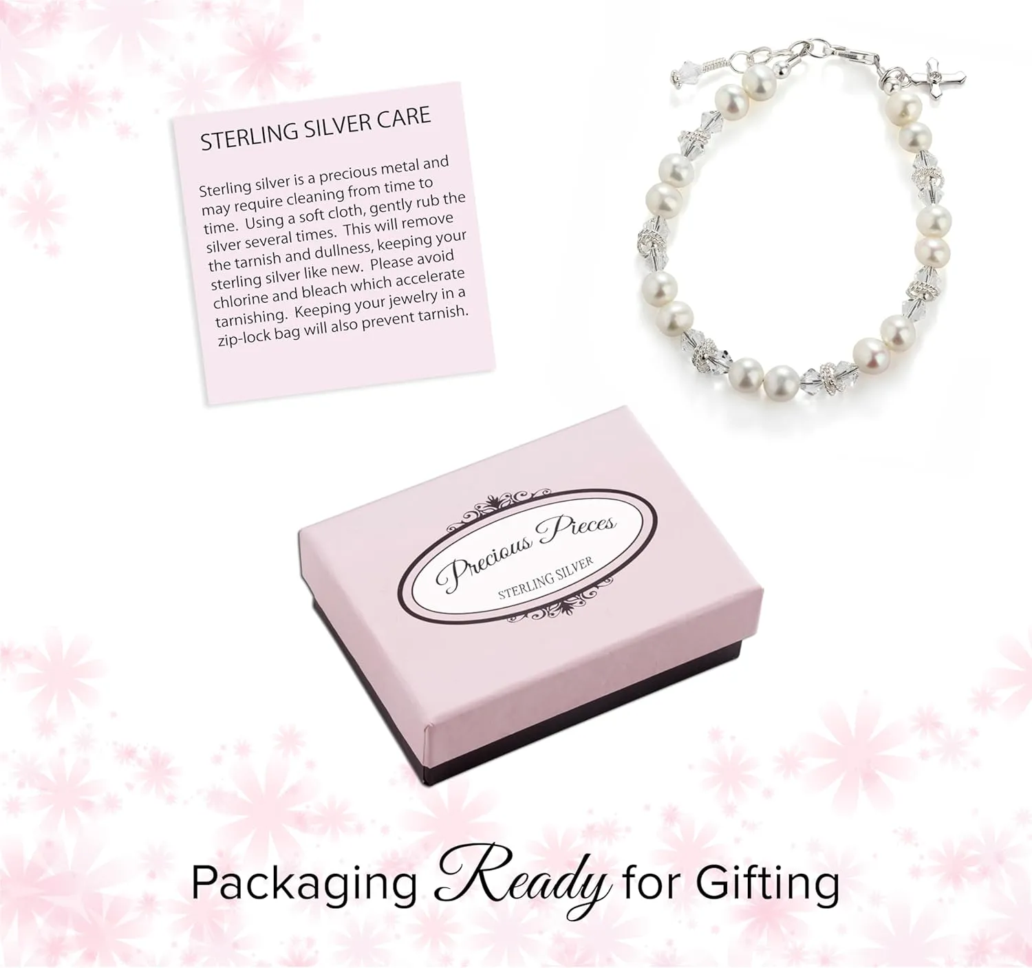 Precious Pieces Children's Sterling Silver First Communion, Baptism Cross Bracelet with Cultured Pearl and Crystal for Babies, Toddlers and Girls