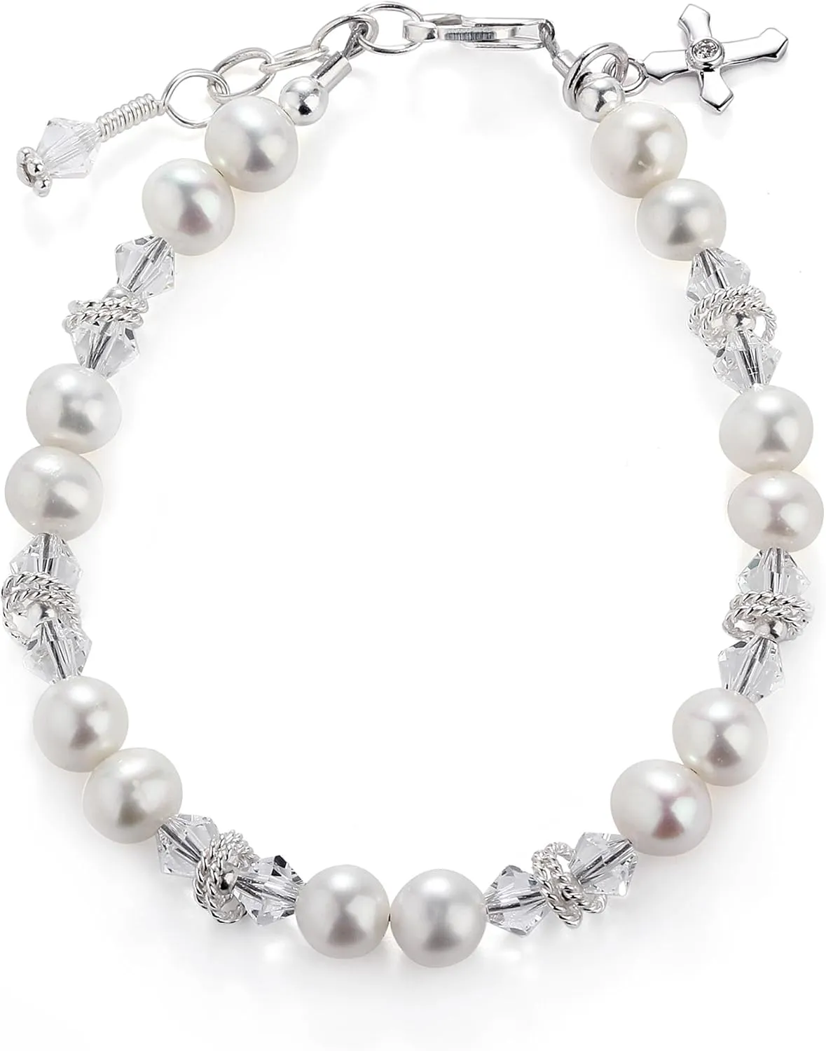 Precious Pieces Children's Sterling Silver First Communion, Baptism Cross Bracelet with Cultured Pearl and Crystal for Babies, Toddlers and Girls