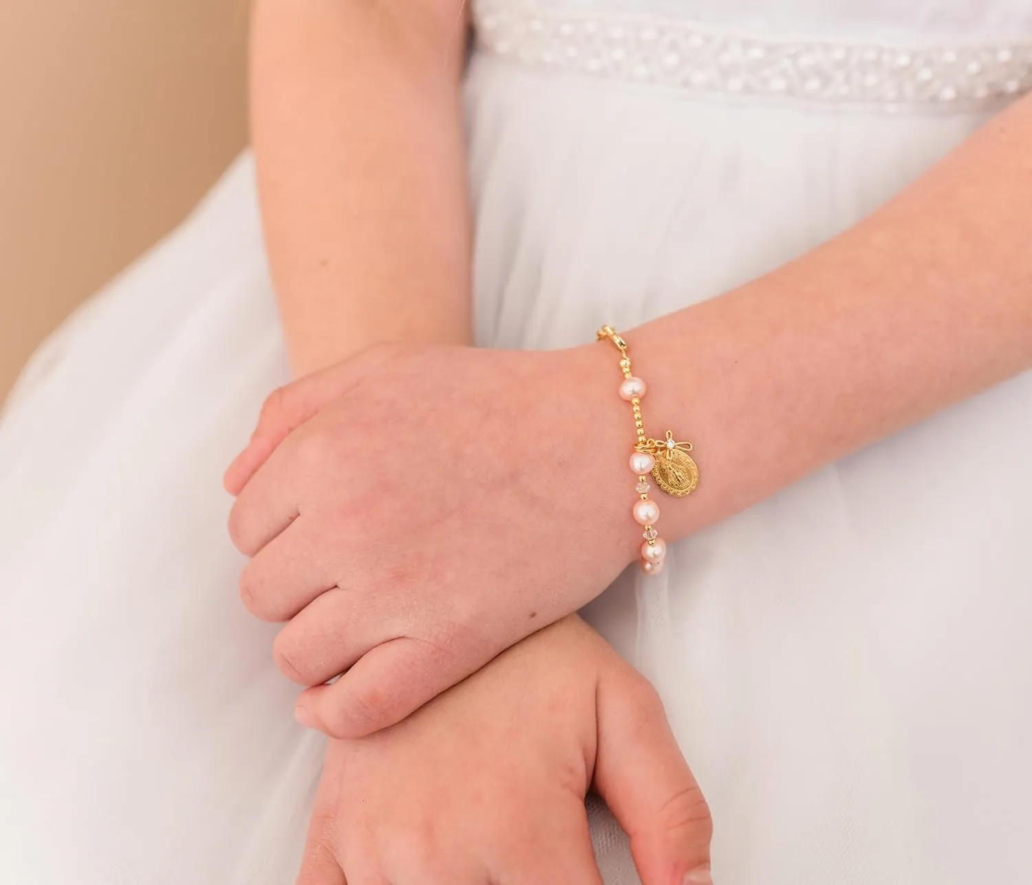 Precious Pieces Girl's Gold or Sterling Silver First Communion Rosary Bracelet with Cultured Pearl and Miraculous Medal (6-6.5")