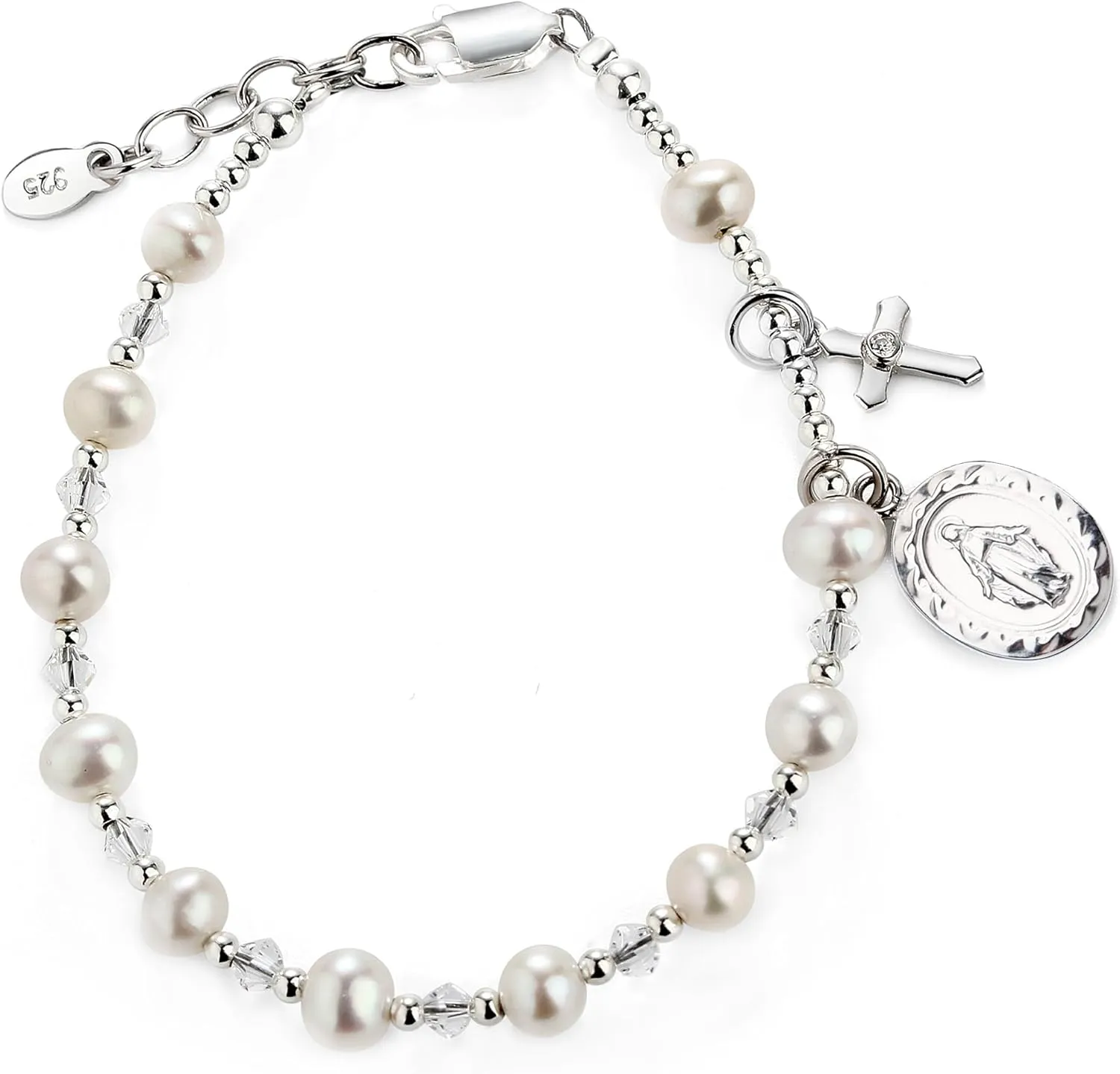 Precious Pieces Girl's Gold or Sterling Silver First Communion Rosary Bracelet with Cultured Pearl and Miraculous Medal (6-6.5")