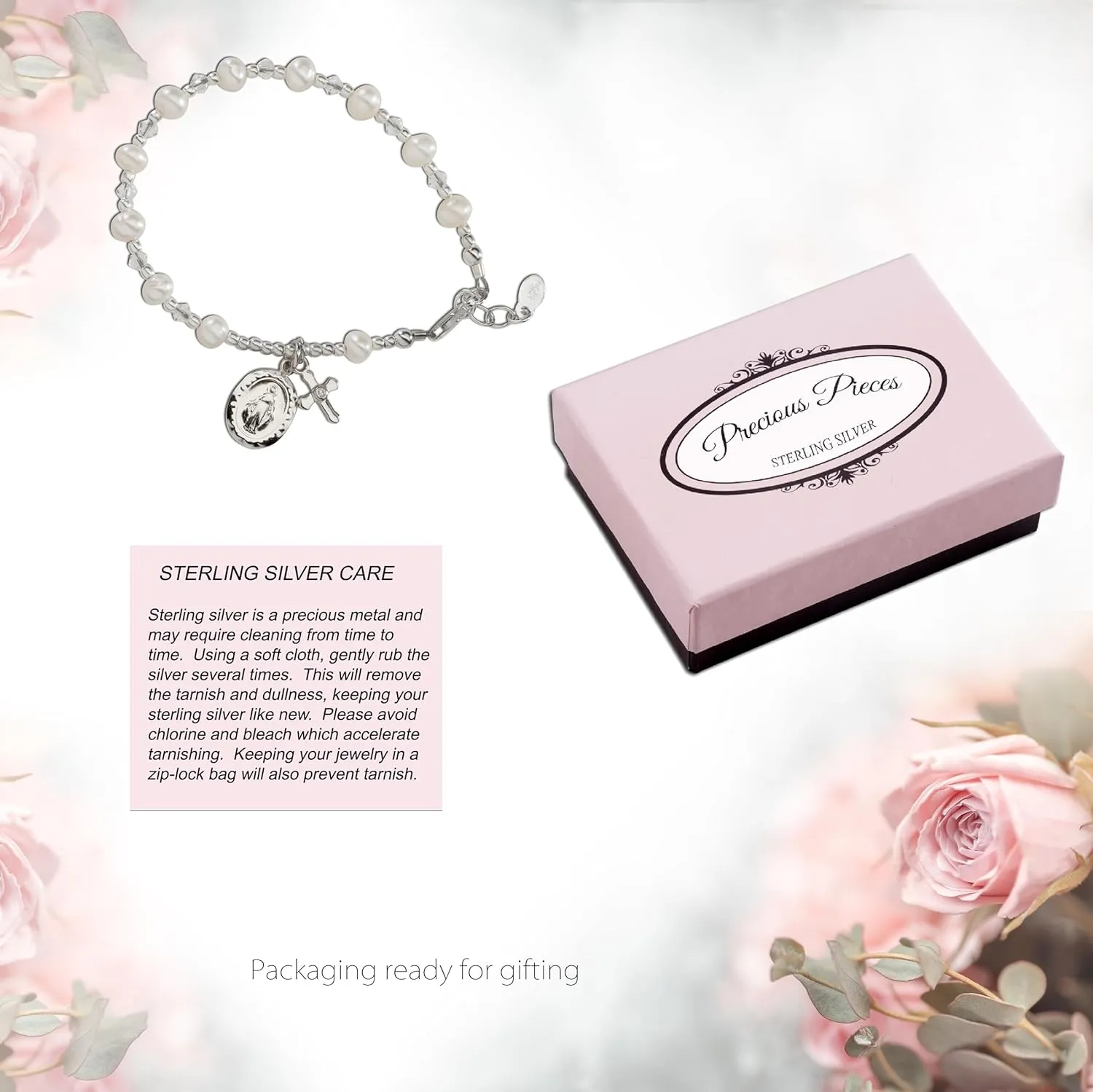 Precious Pieces Girl's Gold or Sterling Silver First Communion Rosary Bracelet with Cultured Pearl and Miraculous Medal (6-6.5")