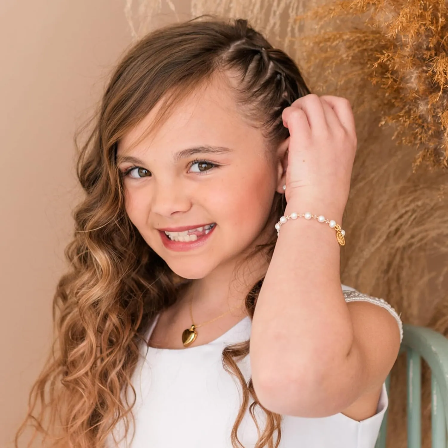 Precious Pieces Girl's Gold or Sterling Silver First Communion Rosary Bracelet with Cultured Pearl and Miraculous Medal (6-6.5")