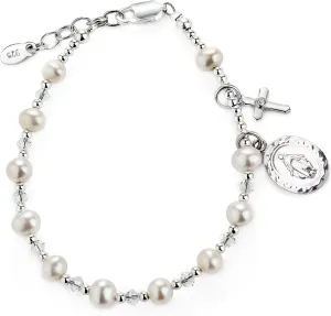 Precious Pieces Girl's Gold or Sterling Silver First Communion Rosary Bracelet with Cultured Pearl and Miraculous Medal (6-6.5")