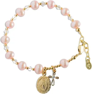 Precious Pieces Girl's Gold or Sterling Silver First Communion Rosary Bracelet with Cultured Pearl and Miraculous Medal (6-6.5")