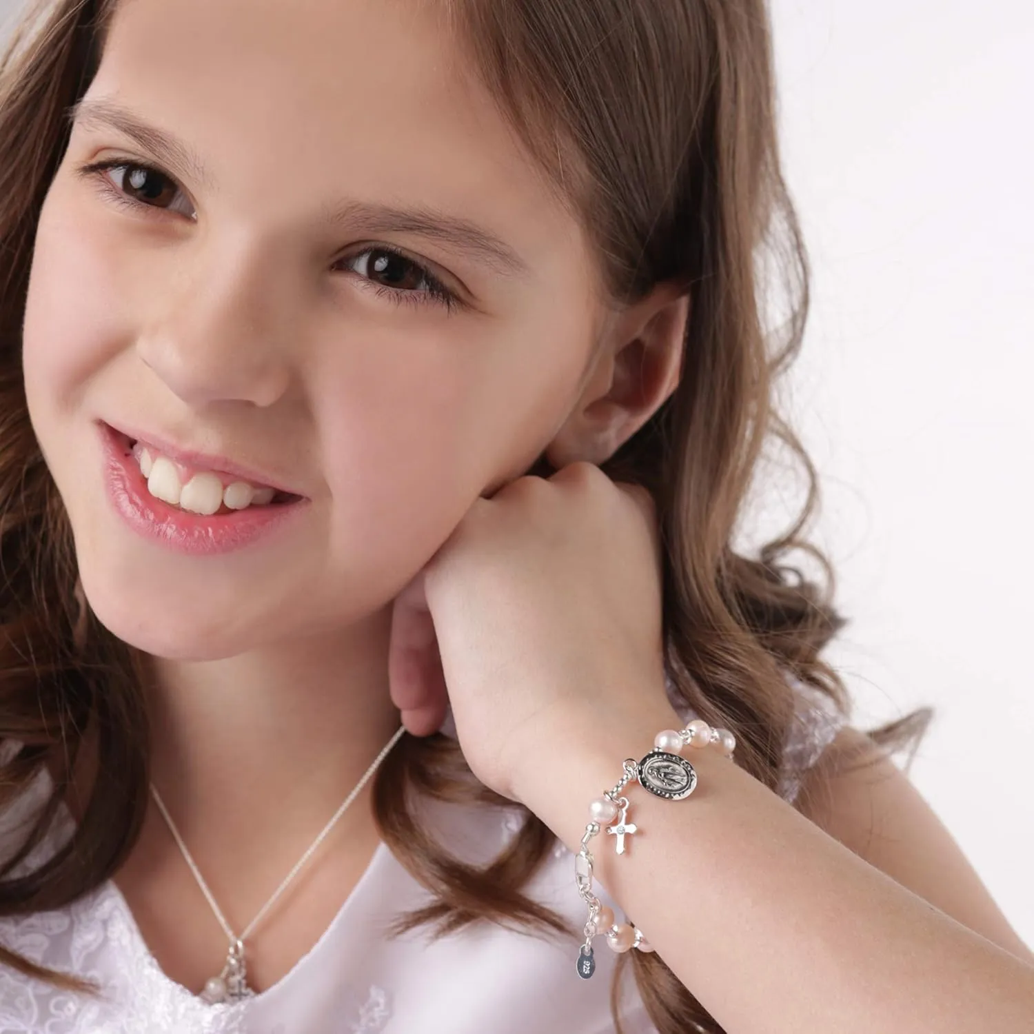 Precious Pieces Girl's Gold or Sterling Silver First Communion Rosary Bracelet with Cultured Pearl and Miraculous Medal (6-6.5")