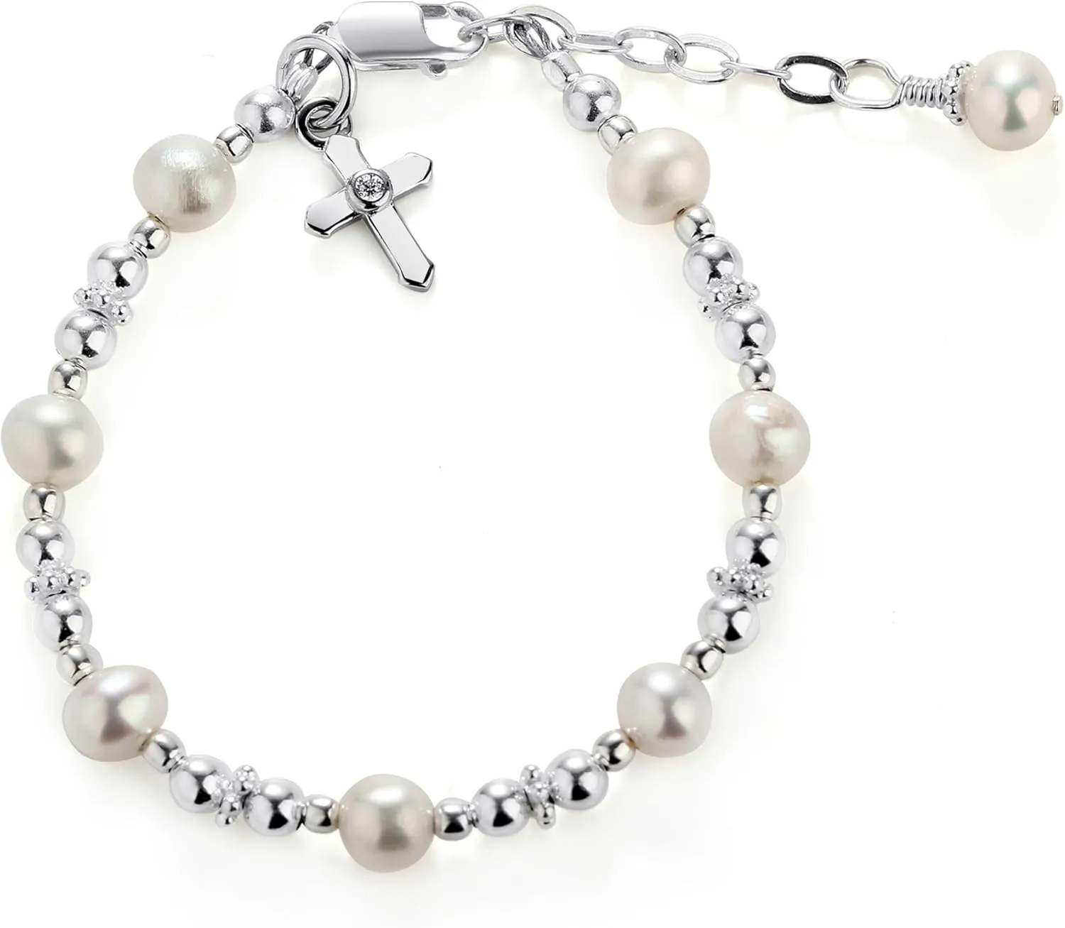 Precious Pieces Girl's Sterling Silver Cross Bracelet for Infant Baby Baptism and First Communion Gift with Cultured Pearls