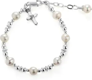 Precious Pieces Girl's Sterling Silver Cross Bracelet for Infant Baby Baptism and First Communion Gift with Cultured Pearls