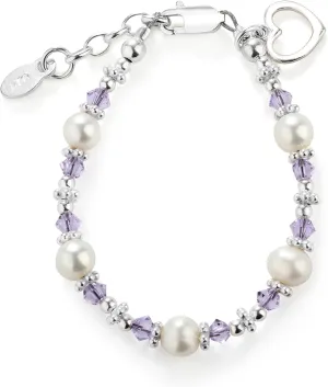 Precious Pieces Girls Sterling Silver Cultured Pearl Bracelet with Lavender High-End Crystals and Heart Charm