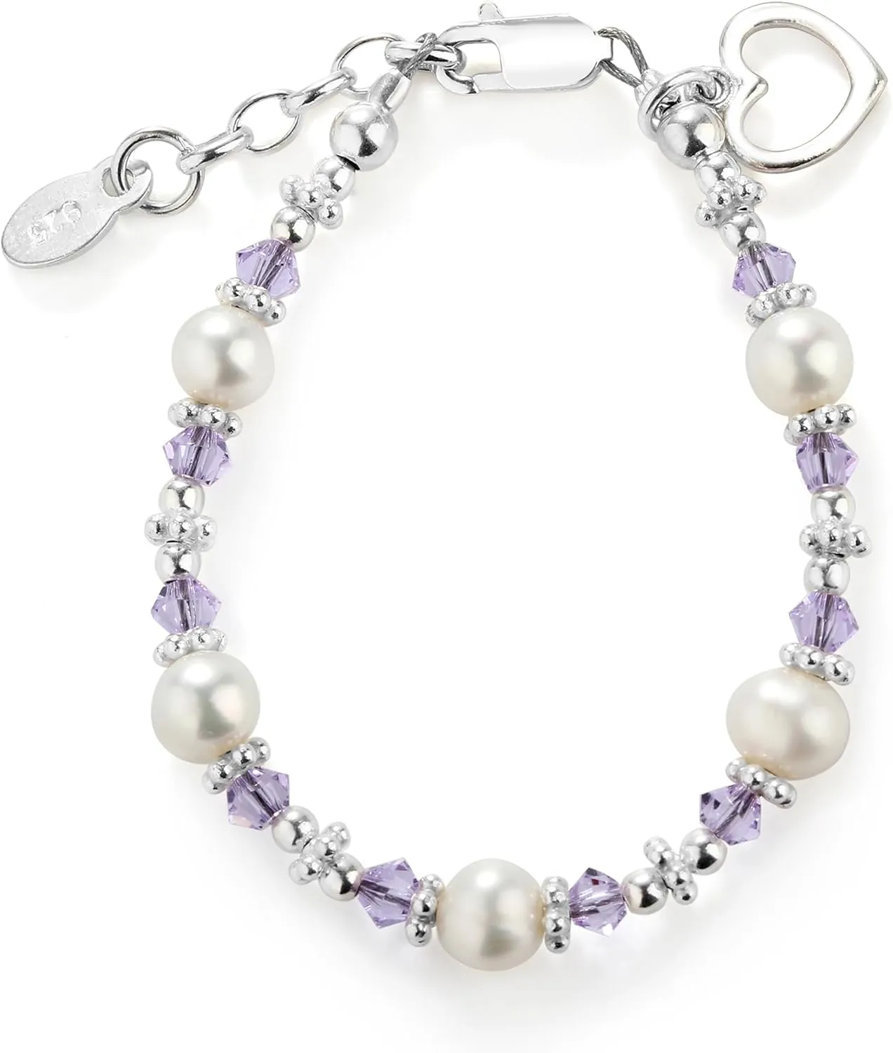 Precious Pieces Girls Sterling Silver Cultured Pearl Bracelet with Lavender High-End Crystals and Heart Charm