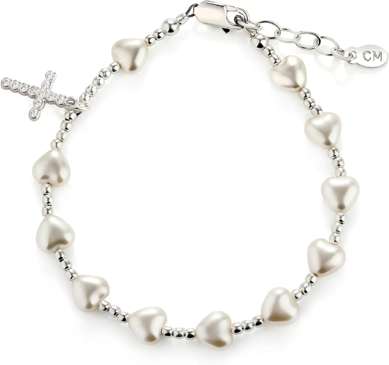 Precious Pieces Sterling Silver Rosary Bracelet First Communion Gift for Girls with Cross and Simulated Pearl Hearts (6-6.5 inch)