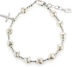 Precious Pieces Sterling Silver Rosary Bracelet First Communion Gift for Girls with Cross and Simulated Pearl Hearts (6-6.5 inch)