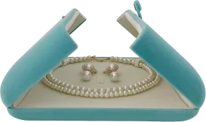 Premium Grade Aqua Velvet Jewelry Case Necklace Earrings Holder Presentation Box Anniversary Christmas Special Occasion Pearl Necklace Case