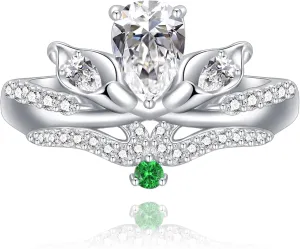 Princess Crown Tiara Wedding Ring, Sterling Silver AAAAA Cubic Zirconia Wedding/Promise/Couple Ring Sets Green CZ Anniversaries Birthday Gift for Women Wife Ring