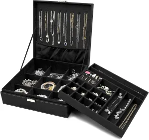 ProCase Velvet Jewelry Box Organizer for Women Father's Day, 2 Layer Jewelry Display Storage Holder Case for Necklace Earrings Bracelets Rings -Black