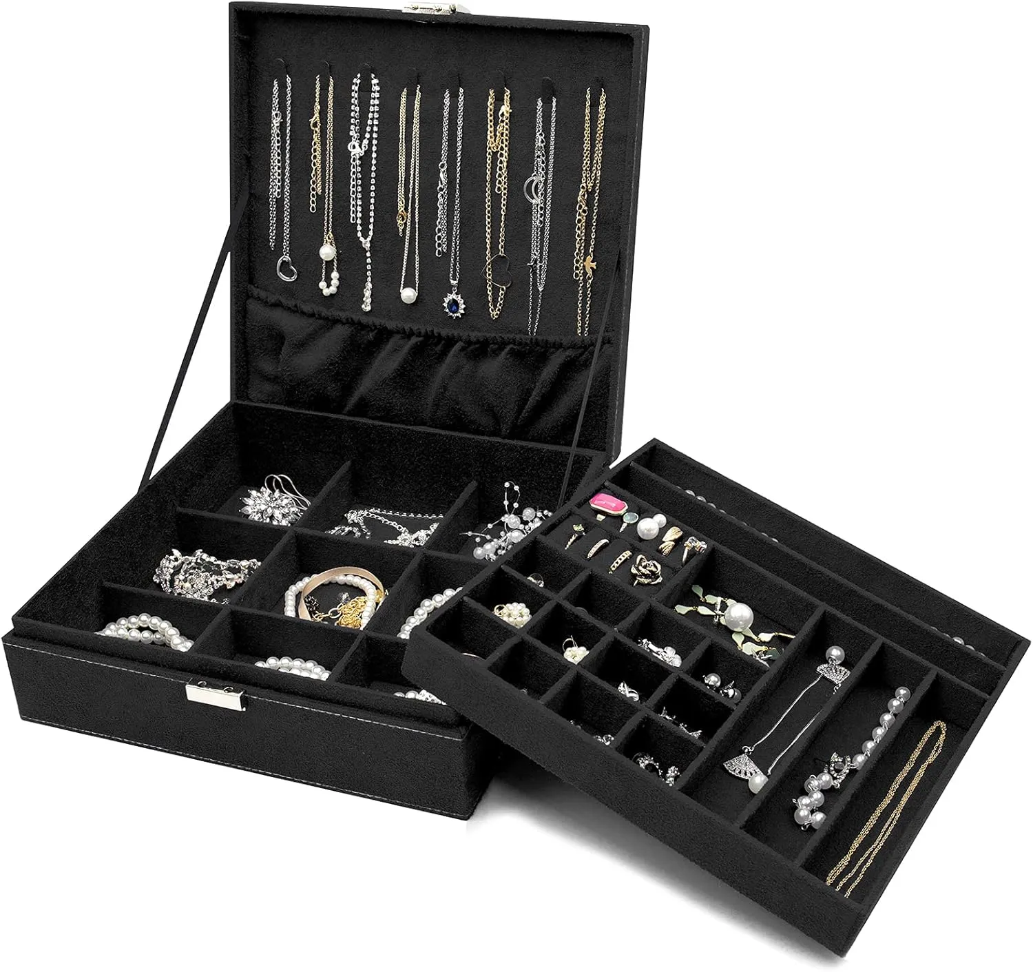 ProCase Velvet Jewelry Box Organizer for Women Father's Day, 2 Layer Jewelry Display Storage Holder Case for Necklace Earrings Bracelets Rings -Black