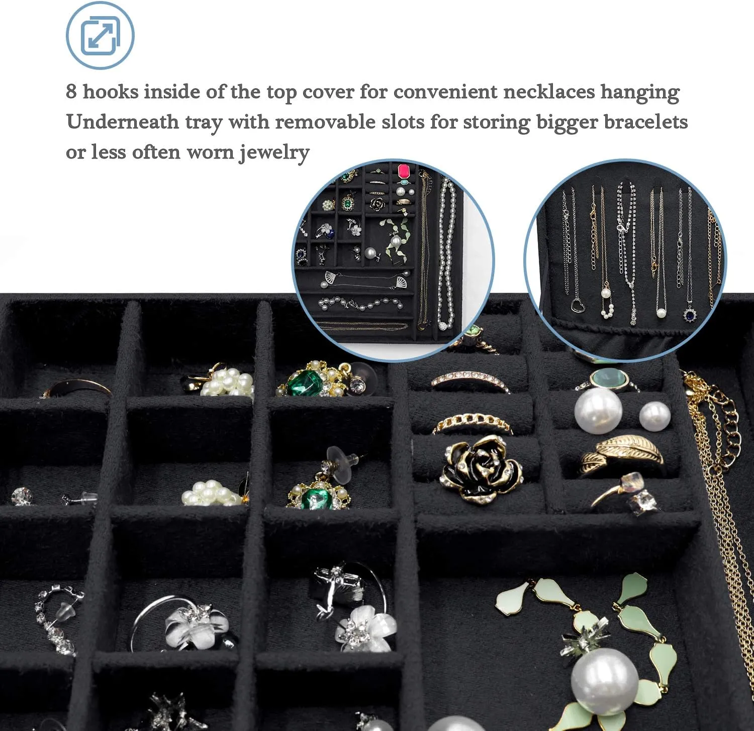 ProCase Velvet Jewelry Box Organizer for Women Father's Day, 2 Layer Jewelry Display Storage Holder Case for Necklace Earrings Bracelets Rings -Black