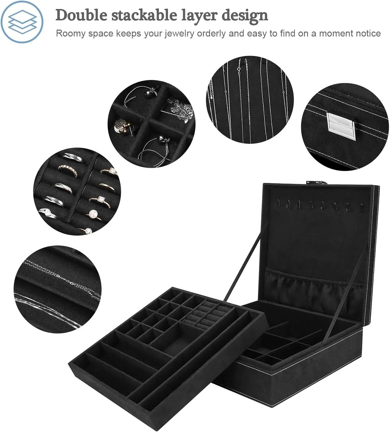 ProCase Velvet Jewelry Box Organizer for Women Father's Day, 2 Layer Jewelry Display Storage Holder Case for Necklace Earrings Bracelets Rings -Black
