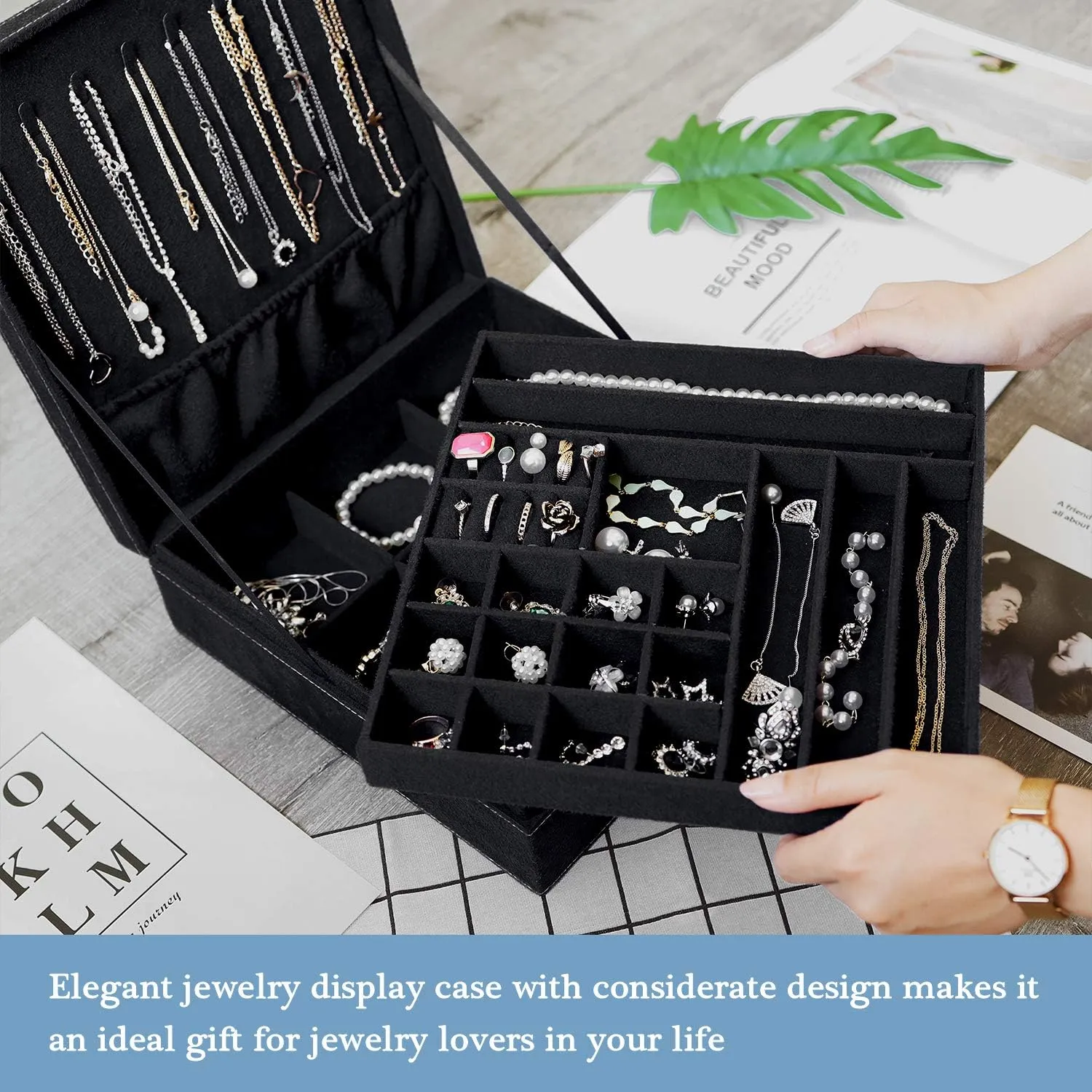 ProCase Velvet Jewelry Box Organizer for Women Father's Day, 2 Layer Jewelry Display Storage Holder Case for Necklace Earrings Bracelets Rings -Black