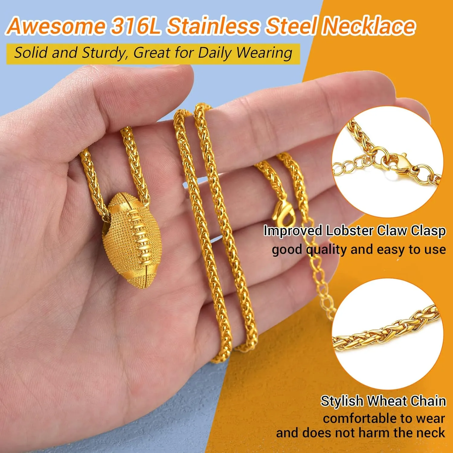 PROSTEEL 316L Stainless Steel 3D Football/Basketball/Volleyball/Baseball/Rugby Ball Cool Necklaces for Men, Sports Players Favors Jewelry, 22inch, Come with Box